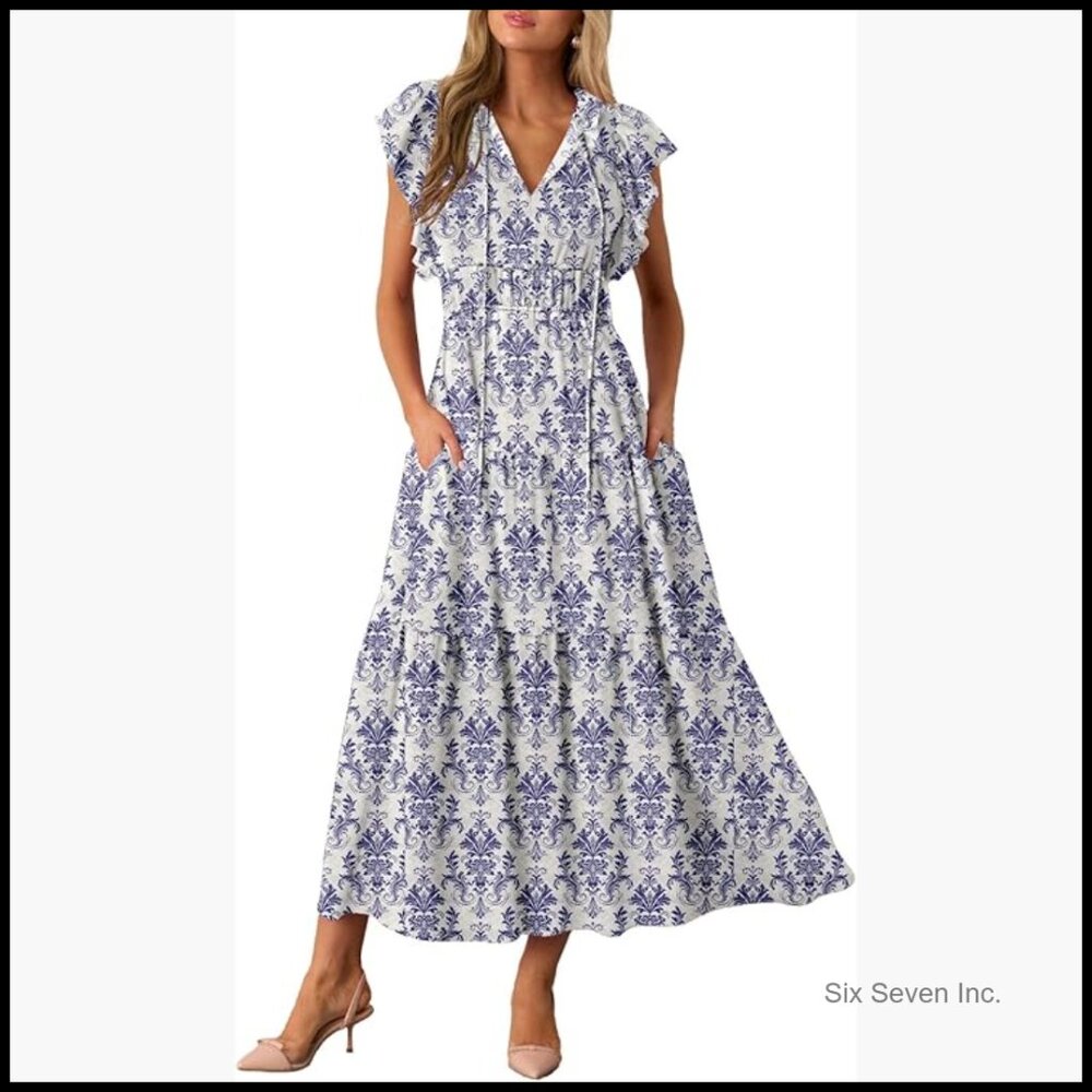 Floral Maxi Dress With Pockets, V Neck, Ruffled Sleeves, Polyester Blend